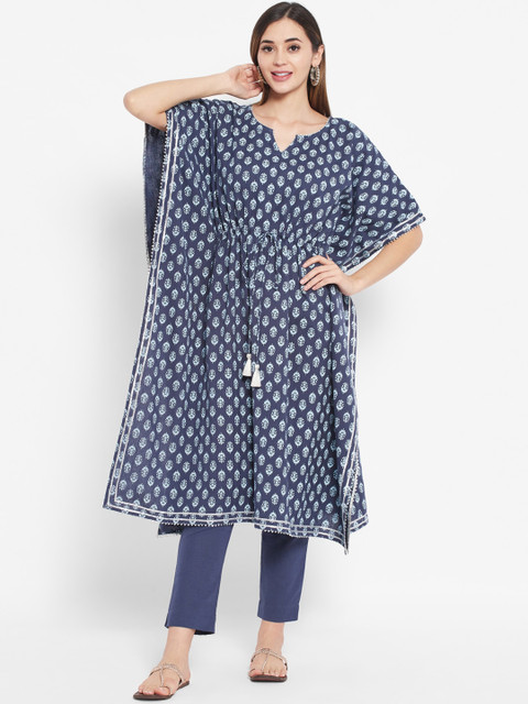 

DESI BEATS Women Blue Printed Pure Cotton Kurta with Trousers