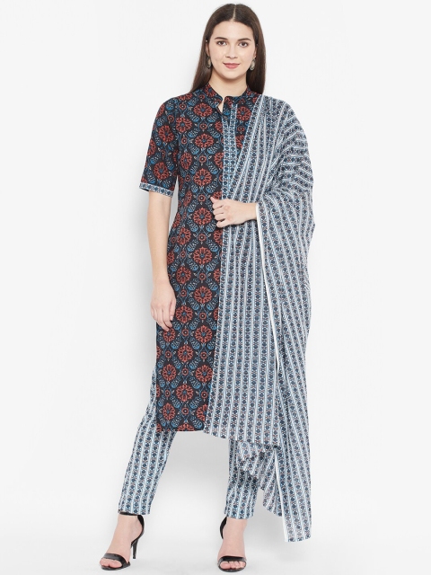 

DESI BEATS Women Black Printed Pure Cotton Kurti with Trousers & With Dupatta