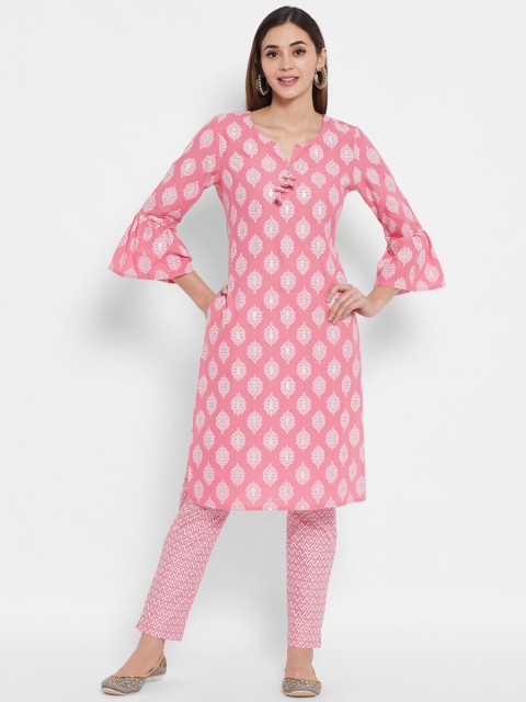 

DESI BEATS Women Pink Ethnic Motifs Printed Pure Cotton Kurta with Trousers