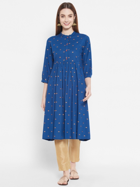 

DESI BEATS Women Navy Blue Floral Printed Cotton Anarkali Kurta