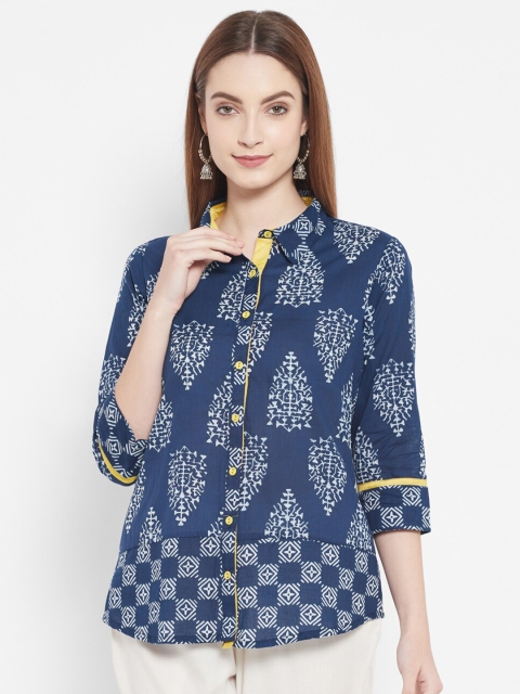 

DESI BEATS Blue Floral Print Mandarin Collar Shirt Style Top