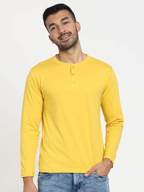 

Bewakoof Men Yellow Henley Neck Pure Cotton T-shirt