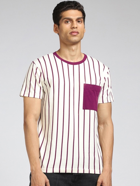 

Bewakoof Men White Striped Pure Cotton Pockets T-shirt