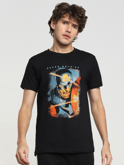 

Bewakoof Men Black Captain America Printed Pure Cotton Applique T-shirt