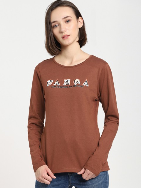 

Bewakoof Women Brown Typography Printed Pure Cotton Slim Fit T-shirt