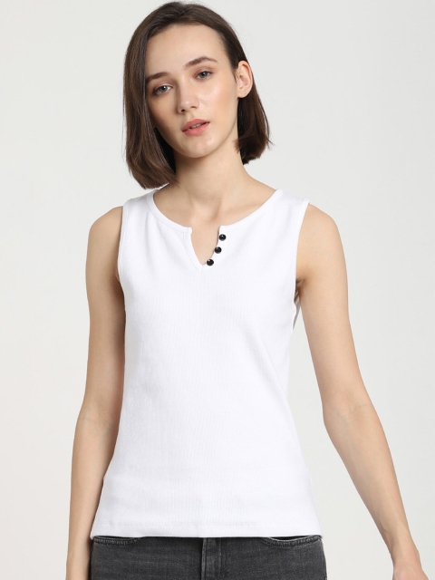 

Bewakoof Women White Henley Neck Pure Cotton Slim Fit T-shirt