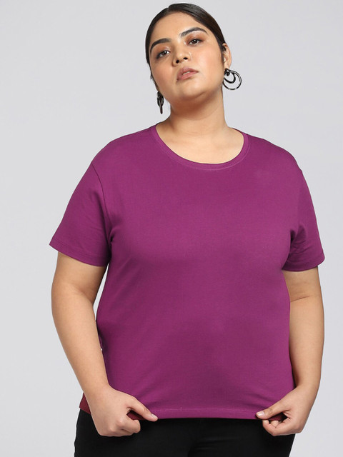 

Bewakoof Plus Women Purple Pure Cotton T-shirt