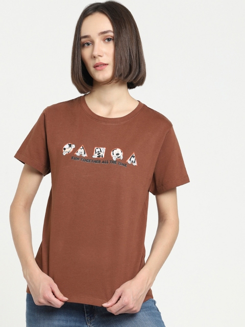 

Bewakoof Women Brown Typography Printed Pure Cotton Slim Fit T-shirt