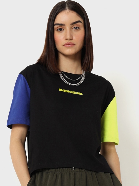 

Bewakoof Black & Blue Brainwashed Generation Contrast Pure Cotton Top