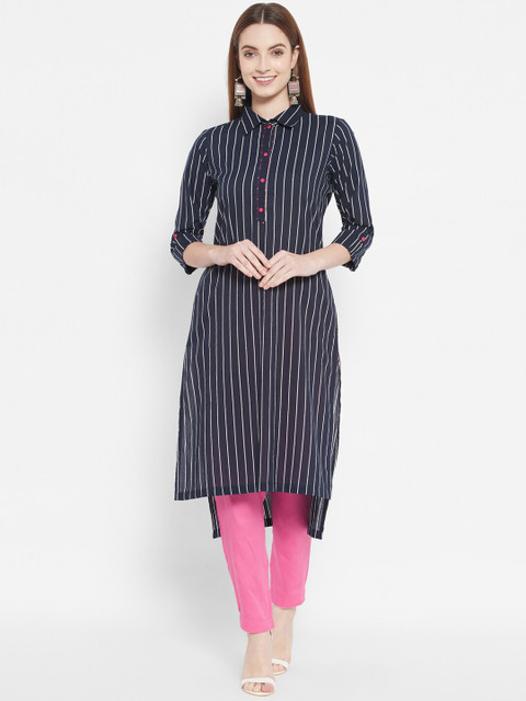 

DESI BEATS Women Black & White Striped Thread Work Kurta