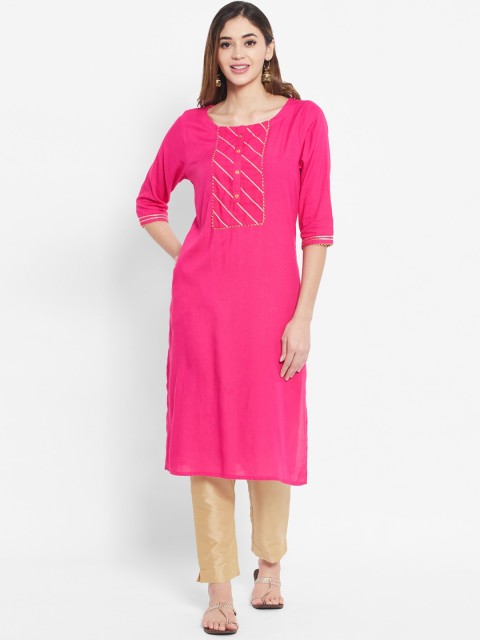 

DESI BEATS Women Pink Yoke Design Thread Work Kurta