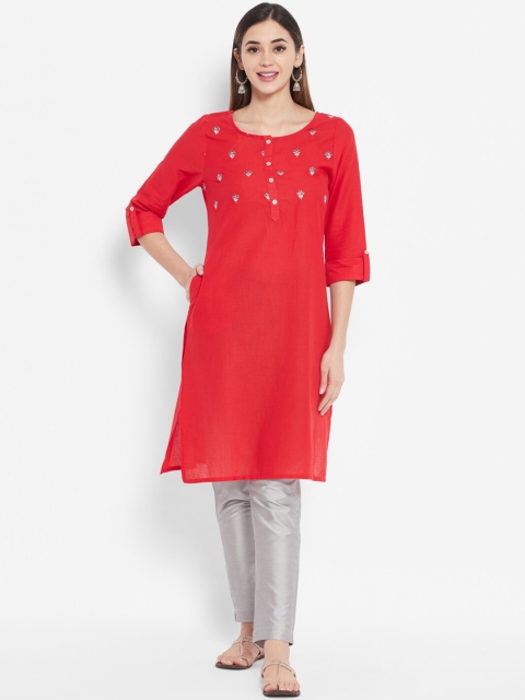 

DESI BEATS Women Red Solid Kurta With Embroidered Detail