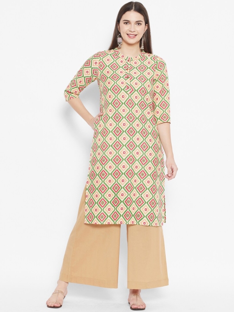 

DESI BEATS Women Beige Geometric Printed Thread Work Kurta