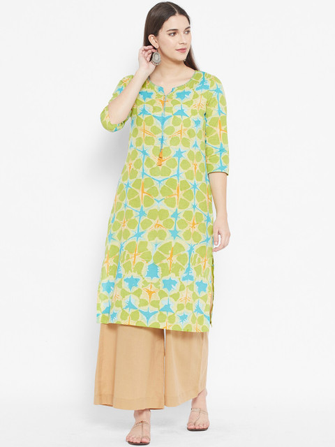 

DESI BEATS Women Lime Green Abstract Printed Cotton Kurta