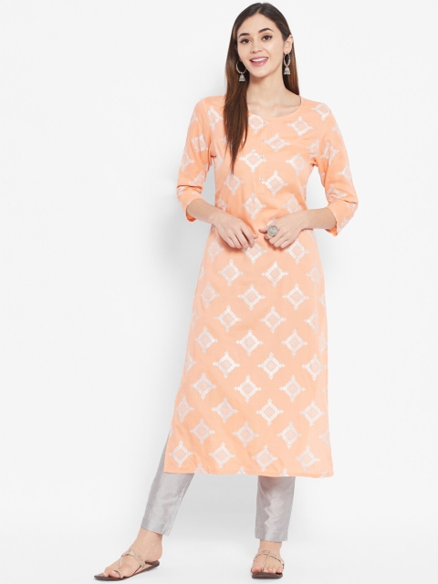 

DESI BEATS Women Peach-Coloured Geometric Printed Kurta