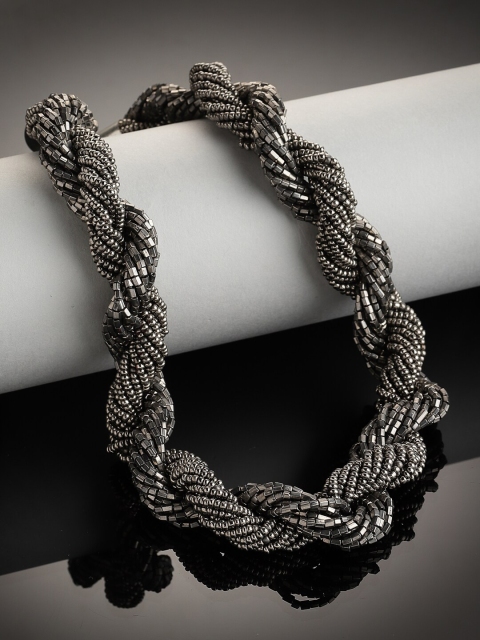 

NEUDIS Gunmetal-Toned Silver-Plated Glass Beaded Oxidised Necklace, Metallic