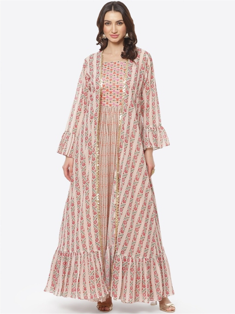 

Meena Bazaar Peach-Coloured & magnolia Floral Georgette Maxi Dress