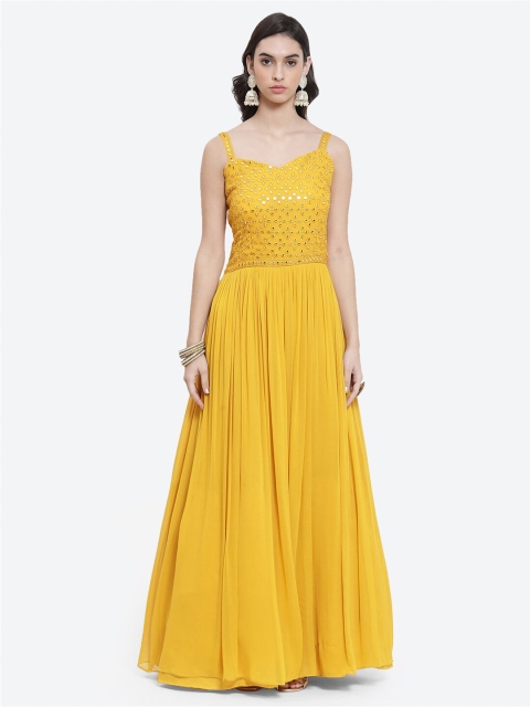 

Meena Bazaar Women Mustard Yellow Georgette Ethnic Maxi Dress