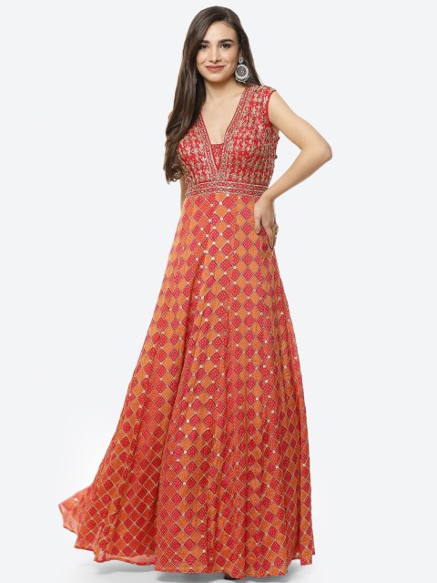 

Meena Bazaar Orange Embellished Georgette Maxi Dress