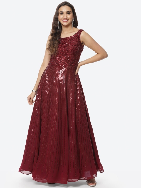 

Meena Bazaar Burgundy Embellished Georgette Maxi Dress