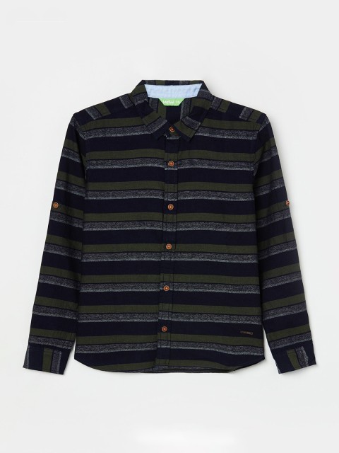

Bossini Boys Blue & Green Horizontal Stripes Striped Organic Cotton Casual Shirt