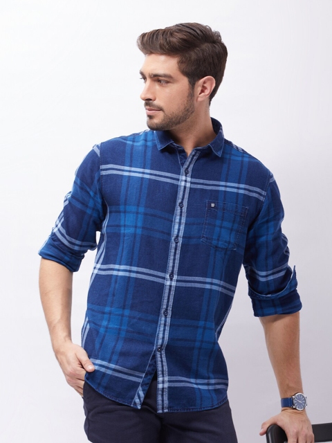 

Oxemberg Men Navy Blue Classic Slim Fit Tartan Checks Checked Casual Shirt