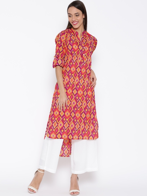 

Jashn Women Pink & Yellow Printed Straight Kurta