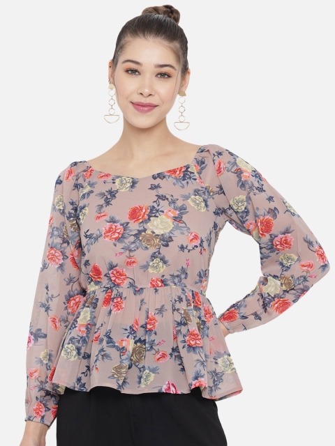 

Slenor Taupe Floral Print Sweetheart Neck Georgette Peplum Top