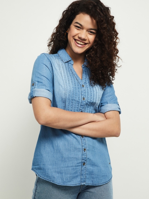 

max Women Blue Denim Cotton Casual Shirt