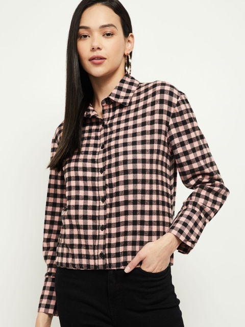 

max Women Pink Gingham Checks Checked Casual Shirt