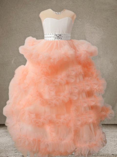 

A T U N Peach-Coloured Embellished Net Dress