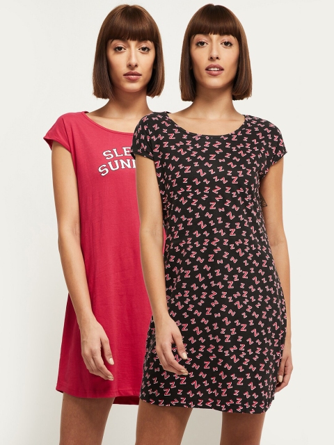 

max Women Pack Of 2 Pink & Black Printed Pure Cotton Nightdress