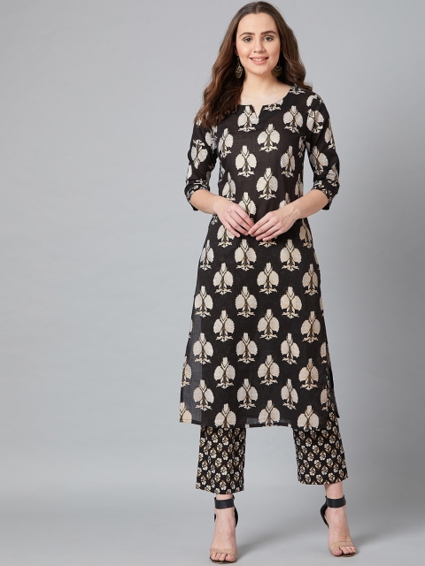 

PANIT Women Black Ethnic Motifs Printed Pure Cotton Kurta with Trousers