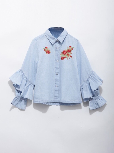 

UNDER FOURTEEN ONLY Girls Blue Embroidered Shirt Style Cotton Top