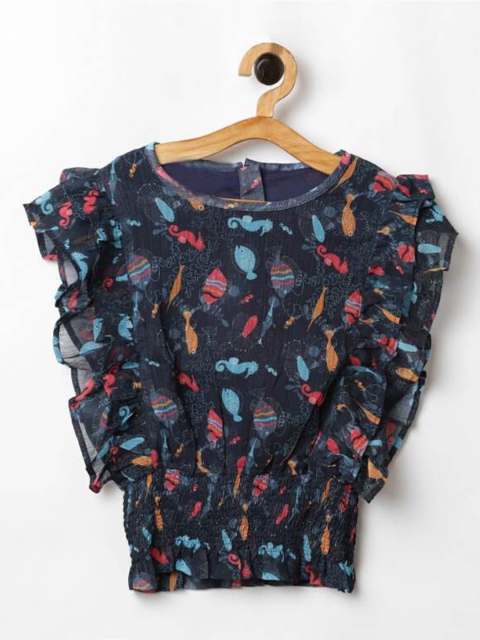 

UNDER FOURTEEN ONLY Girls Navy Blue Print Ruffles Smocked Pure Cotton Top