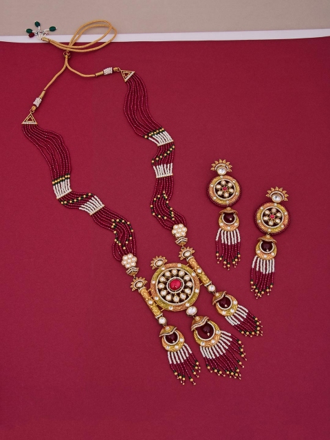

Tistabene Red & Gold-Plated Traditional Kundan Meena Designer Necklace Set