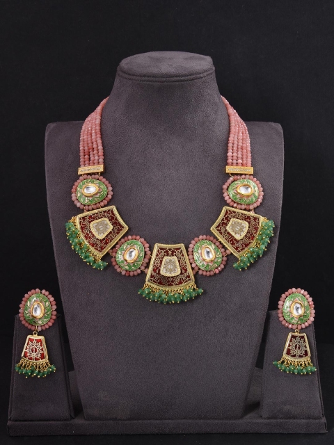 

Tistabene Women Green & Maroon Gold-Plated Floral Enamelled Necklace Set