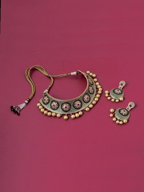 

Tistabene Green Floral Enamelled Pearls Choker Necklace Set