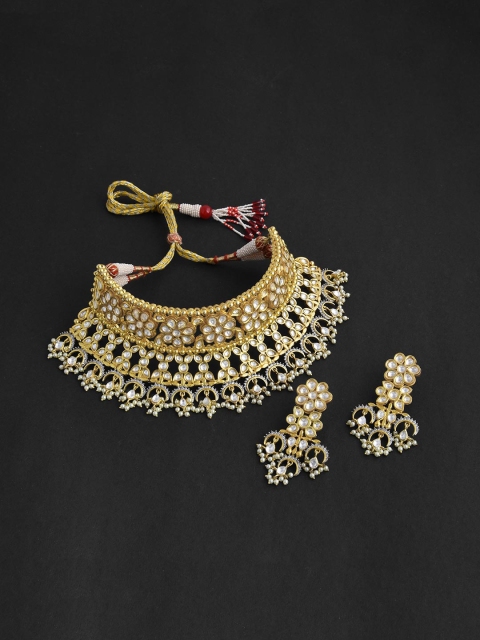 

Tistabene Gold-Plated White Kundan Studded Floral Traditional Jewellery Set