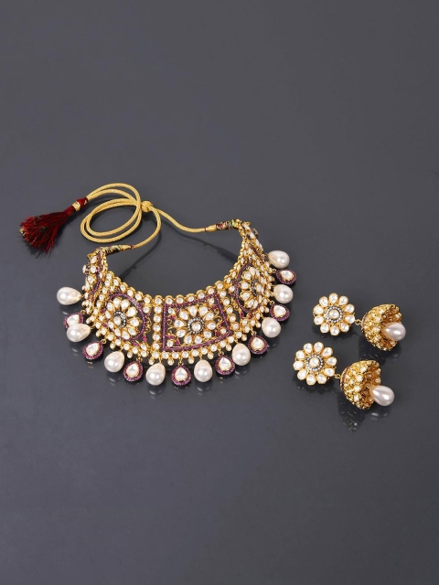 

Tistabene Red & Gold-Plated Bridal Kundan Polki Choker Necklace Set