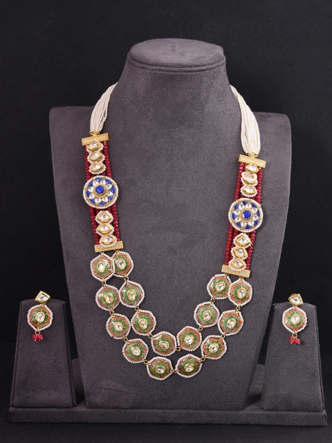 

Tistabene Red & Green Gold-Plated Traditional Kundan Necklace Set