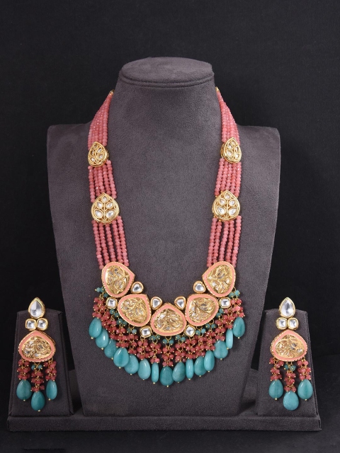

Tistabene Pink & Blue Floral Enamelled Designer Necklace Set, Red