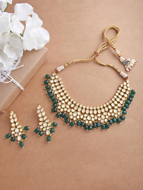 

Tistabene Gold-Plated Green & White Kundan Studded Traditional Jewellery Set