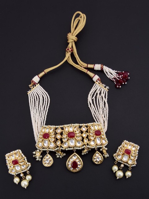 

Tistabene Gold Toned & White Traditional Kundan Meena Choker Necklace Set