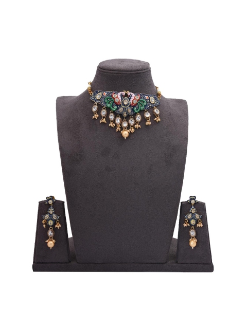 

Tistabene Women Blue & Green Gold-Plated Peacock Enamelled Choker Necklace Set