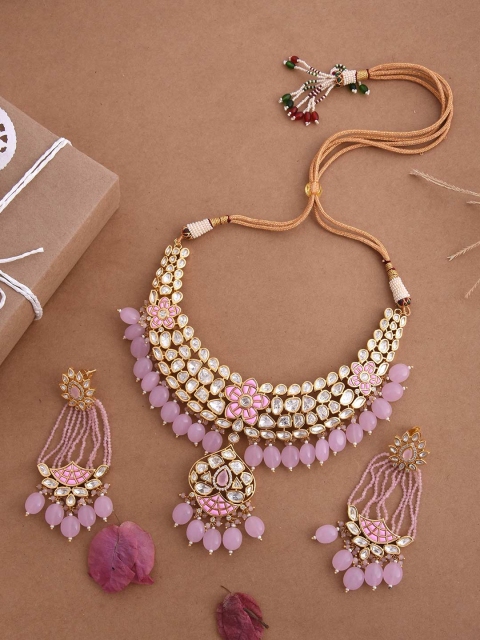 

Tistabene White & Pink Gold-Plated Traditional Kundan Meena Necklace Set