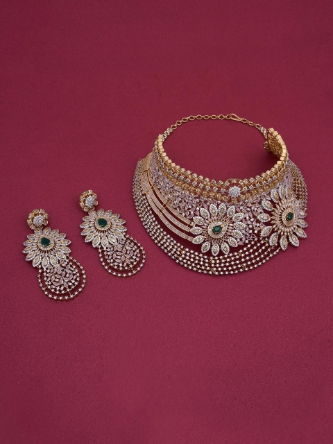 

Tistabene Gold-Plated Green & White Stone Studded Bridal Choker Jewellery Set