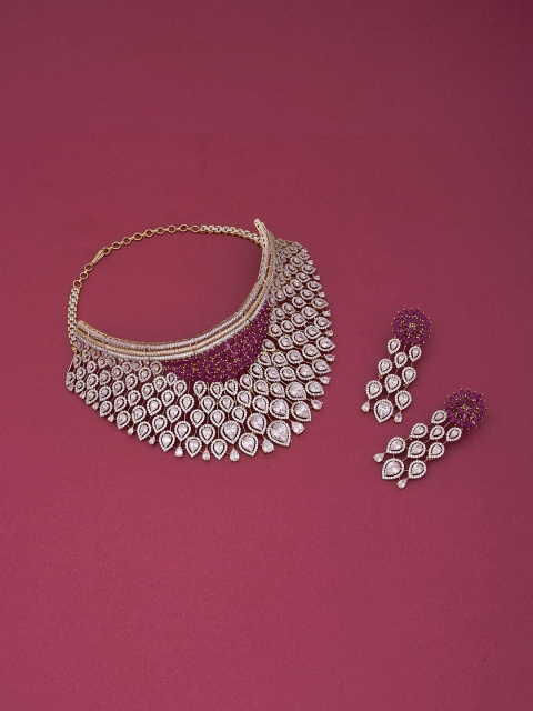 

Tistabene Gold-Plated Red & White Stone Studded Bridal Choker Jewellery Set
