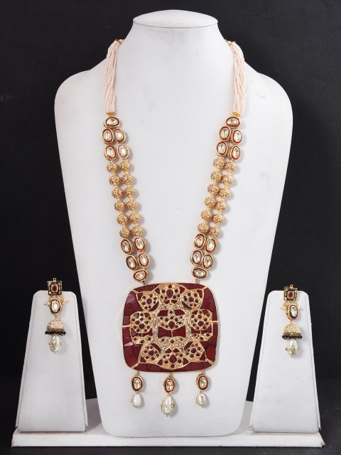 

Tistabene Women Maroon & Gold-Toned Traditional Kundan Studded Necklace Set, Red