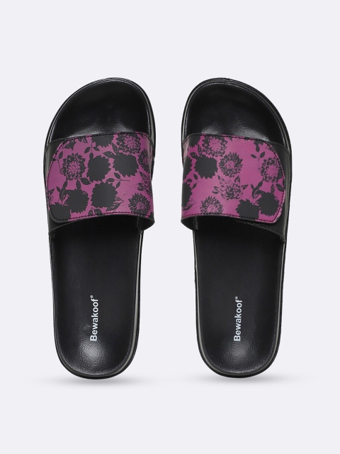 

Bewakoof Women Black & Magenta Printed Rubber Sliders